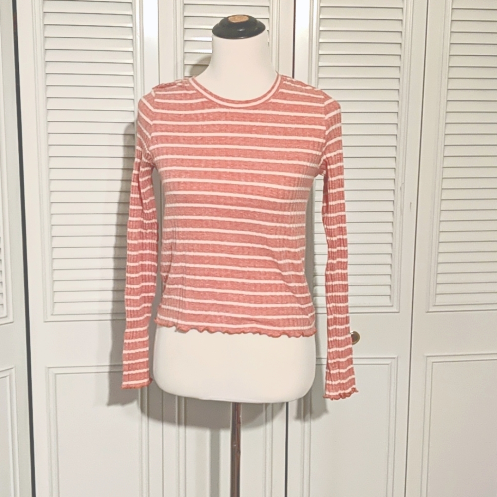 American Eagle Coral Pink Striped Long Sleeve